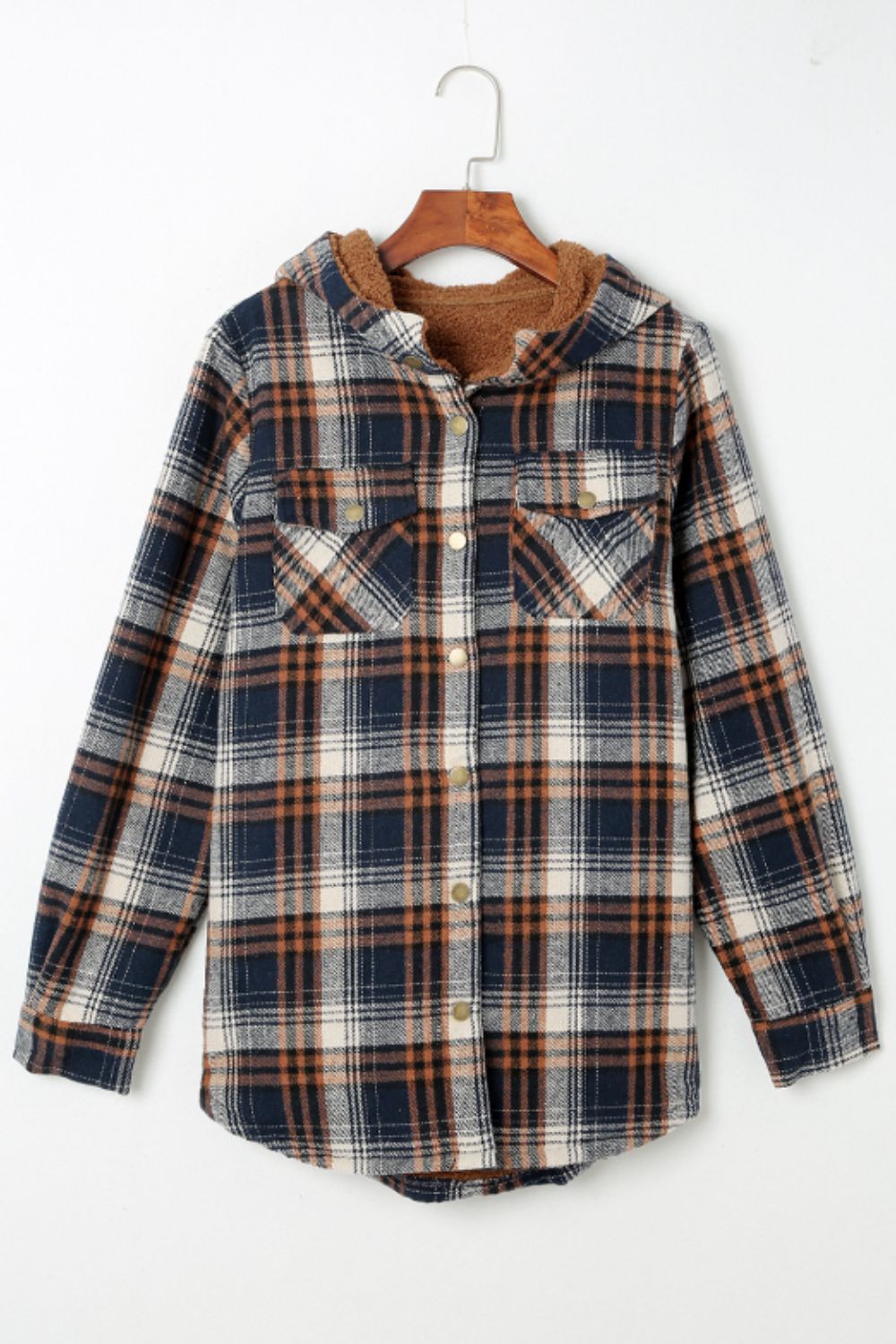 Brigida® | Checked button down long sleeve hooded jacket