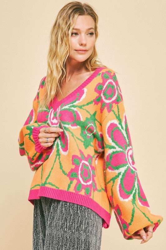 Dulce® | Floral contrast sweater with V-neck and dropped shoulder