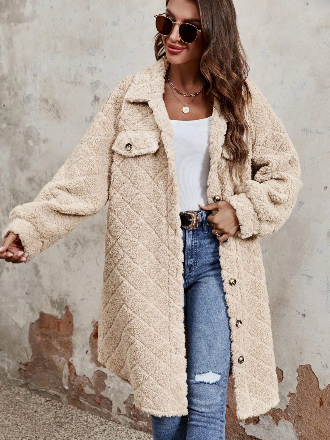 Bettina® | Fluffy, buttoned, long-sleeved coat with dropped shoulders