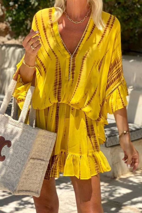 Clara® | Lemon flavor tie-dye ruffle kaftan mini dress with batwing sleeves and elastic waist