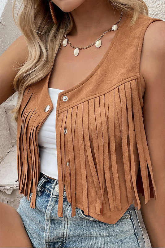 Clara® | Camel cropped suede effect vest with snap fasteners at the front and fringes