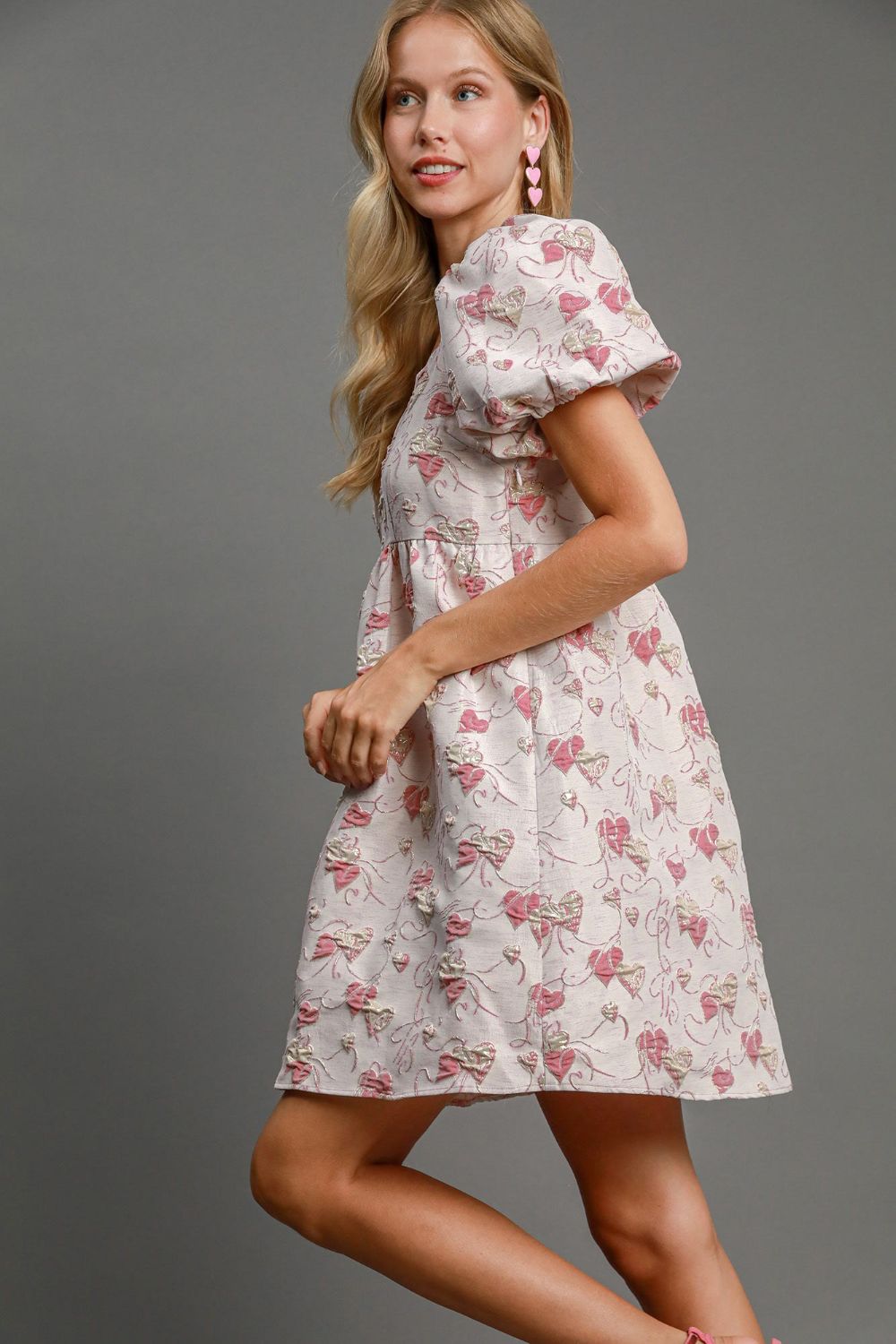 Ella® | Heart jacquard mini dress with square neckline and puff sleeves