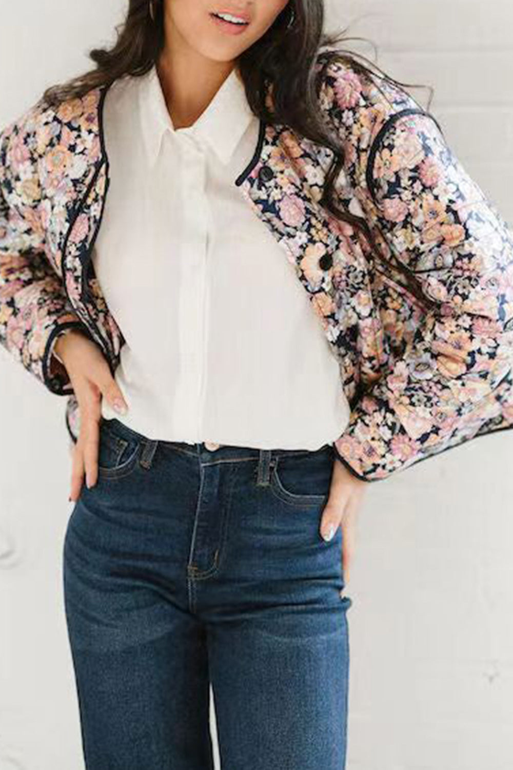 Demetria | Floral winter coat with buttons and long sleeves