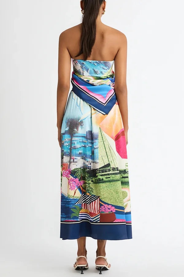 Carmen® | Seaside knotted shawl top and loose satin maxi skirt set with unique print