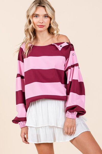 Cecilia® | Striped long sleeve t-shirt with snap fasteners on the shoulder