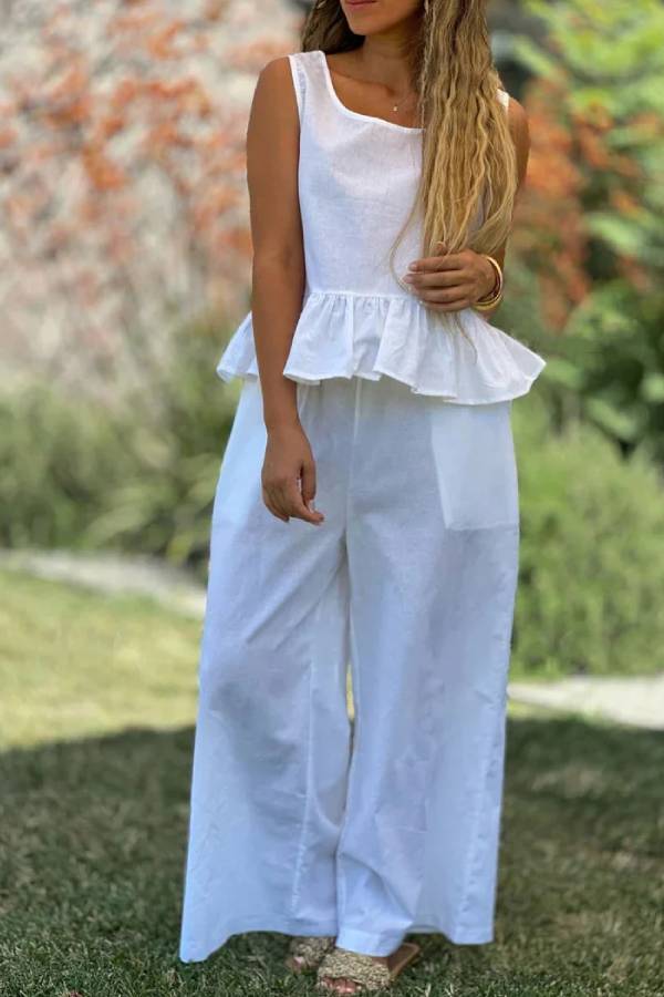 Alba® | Two-piece set consisting of a solid color cotton and linen sleeveless top and wide-leg pants