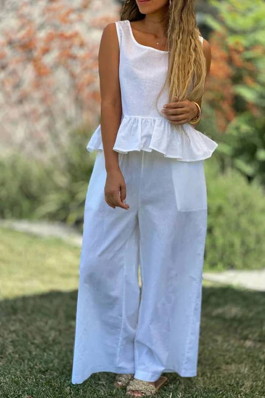 Alba® | Two-piece set consisting of a solid color cotton and linen sleeveless top and wide-leg pants