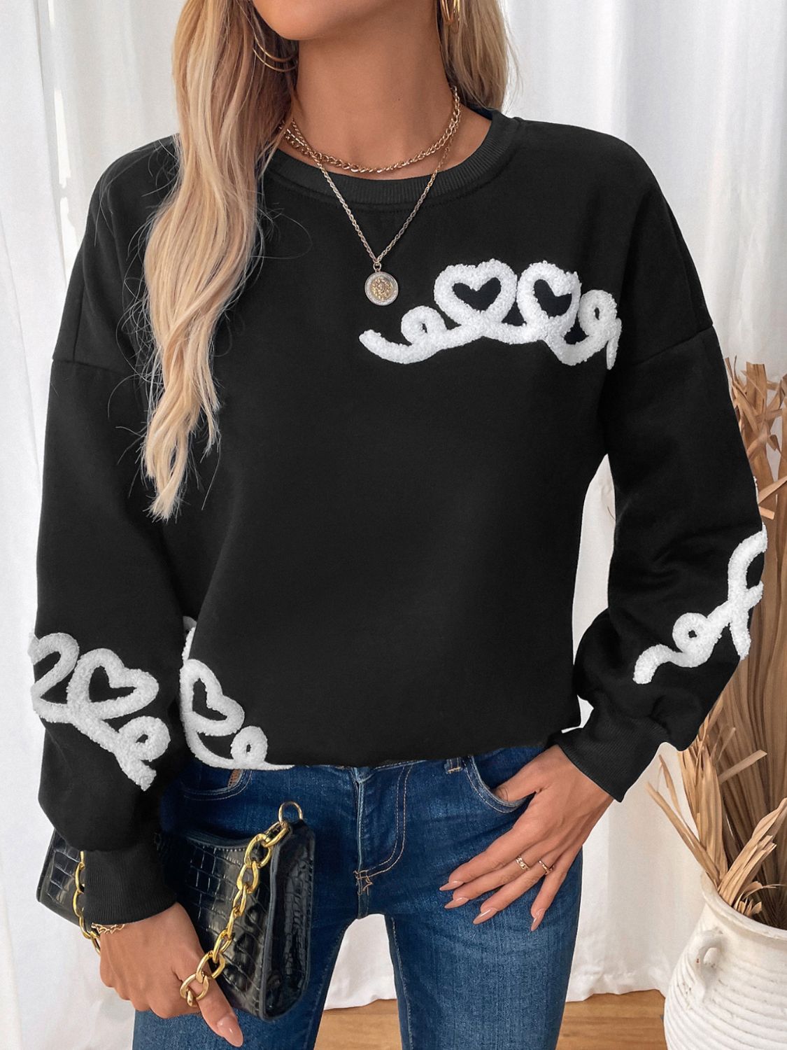Carla® | Perfee Heart crew neck long sleeve sweater