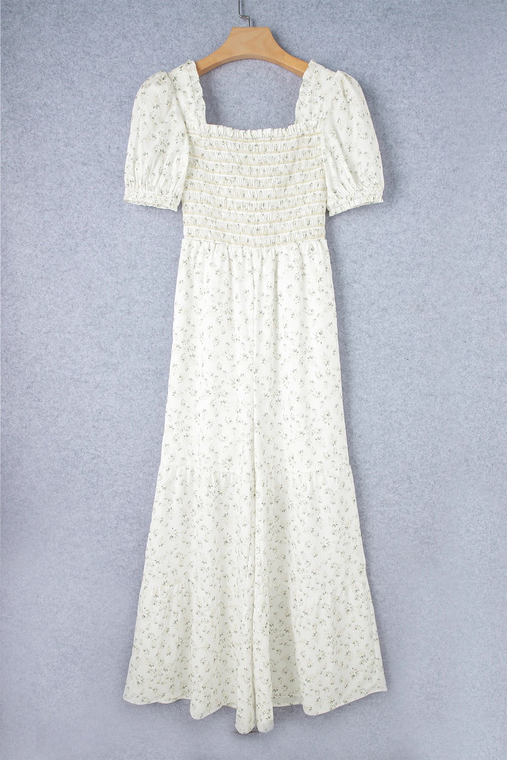 Allison® | White smocked floral jumpsuit with puff sleeves and high waist