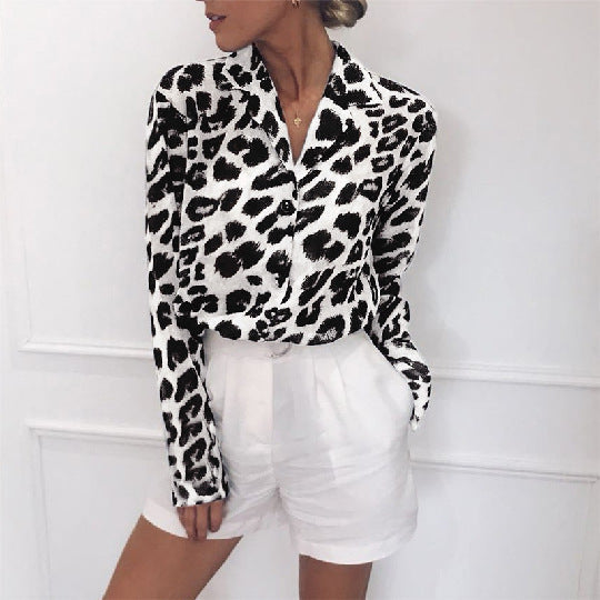 Avalon® | Stylish Long-Sleeved Leopard Print Blouse With Turn-Down Collar