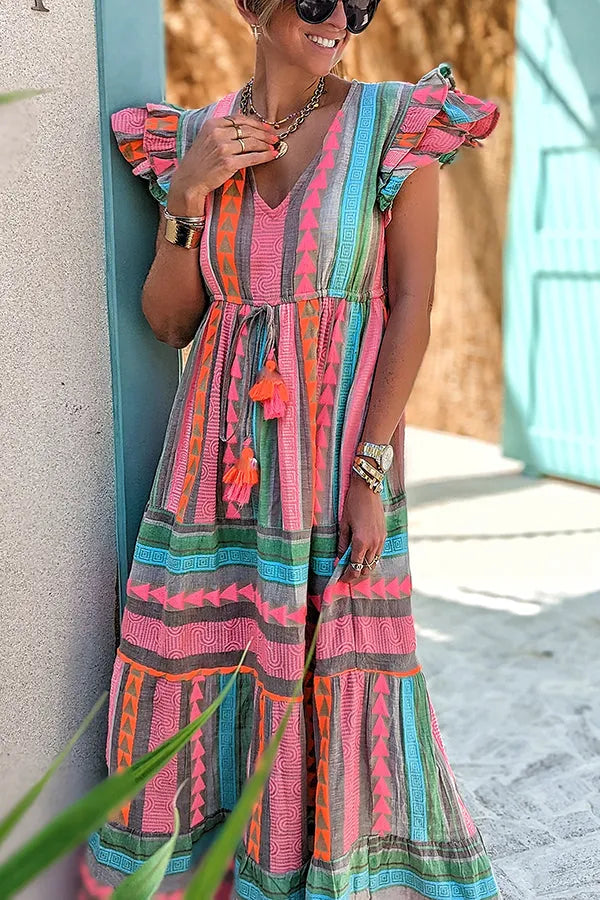 Belén® | Sunlit Magic linen blend maxi dress with ethnic print, ruffle sleeves and tassels