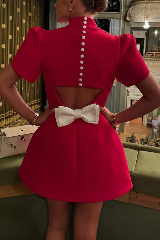 Charlie® | Short sleeve, backless mini dress with slit and detachable satin bow