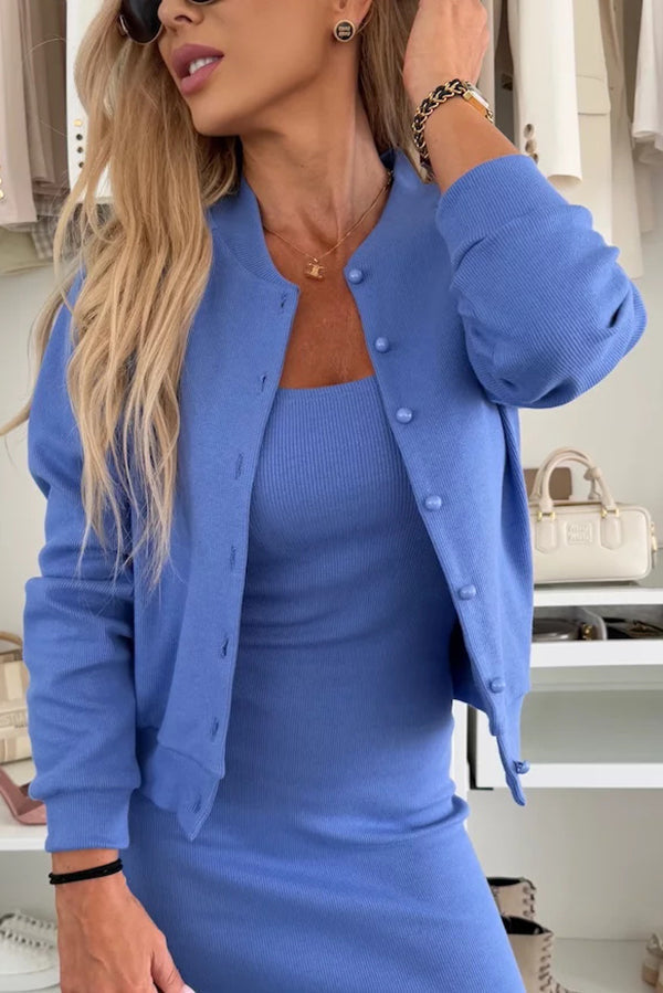Adriana® | Comfort and Femininity Knit Ribbed Button Up Long Sleeve Bomber Jacket