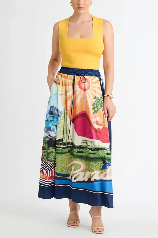 Carmen® | Seaside knotted shawl top and loose satin maxi skirt set with unique print