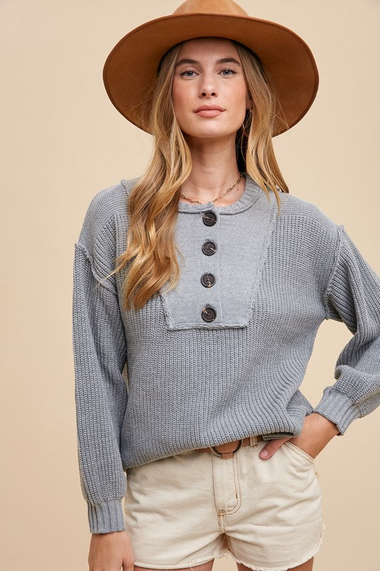 Delilah® | Half button sweater with ribbed hem
