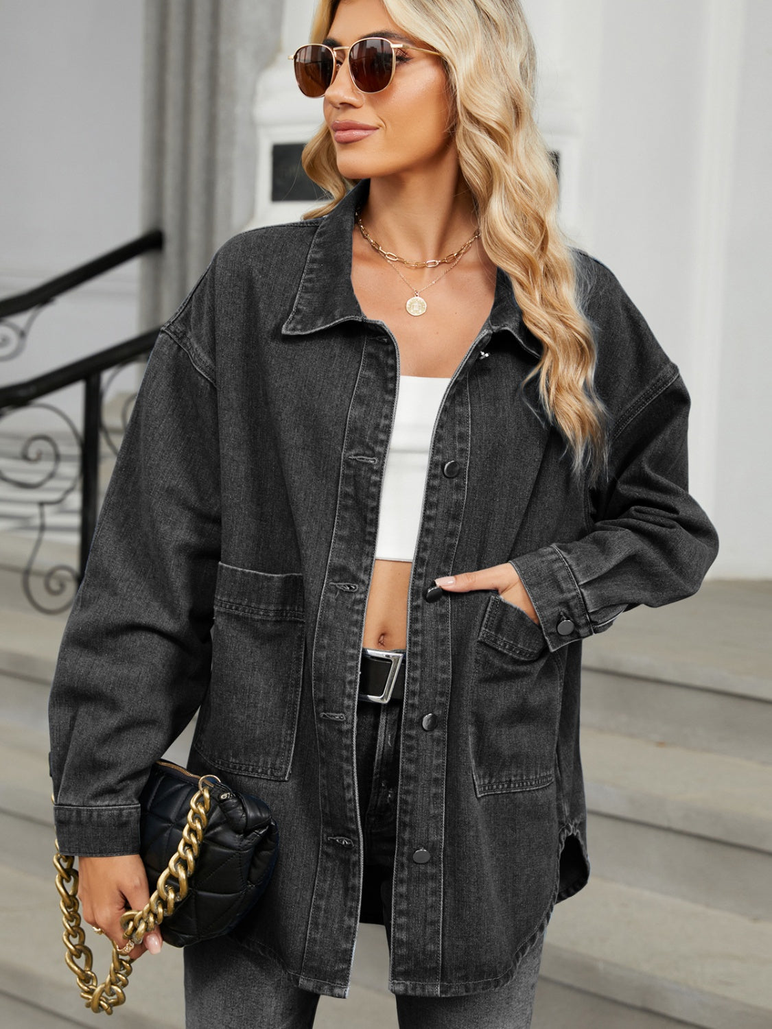 Claudine® | Long-sleeved denim jacket with detachable hood and button placket