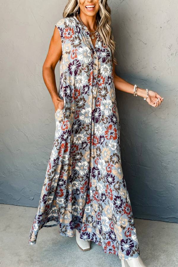 Chloe® | Sky blue sleeveless floral jumpsuit with pockets and wide legs