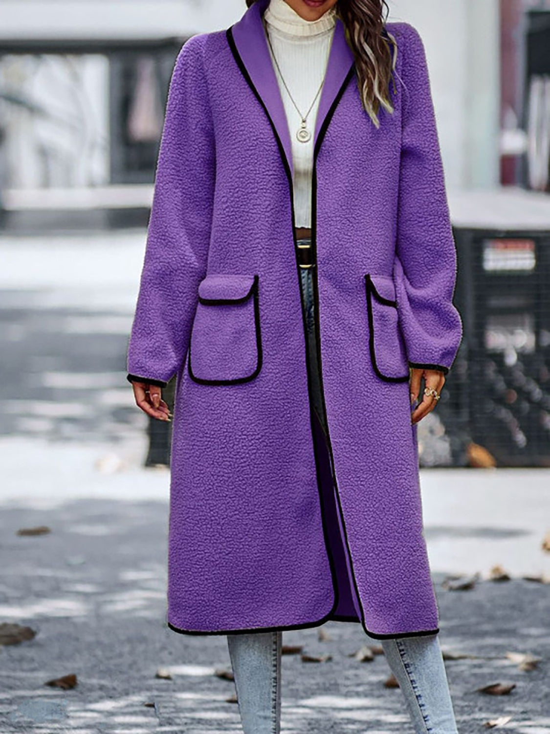 Claudia® | Full size long sleeve coat with contrast trim and pockets