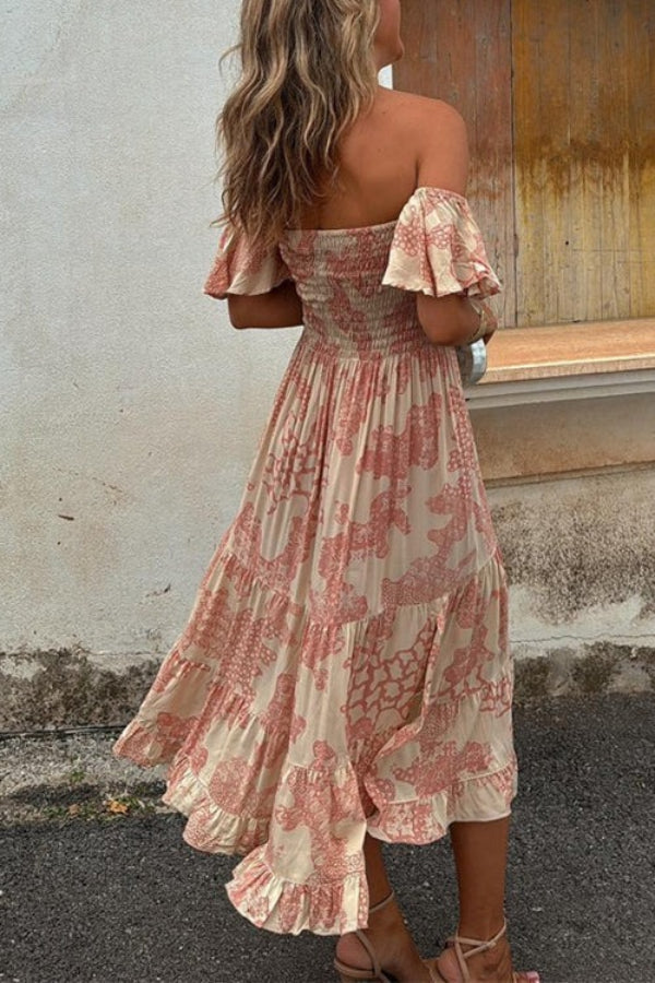 Alexandra® | Unique off shoulder smocked layered midi dress with ruffle sleeves