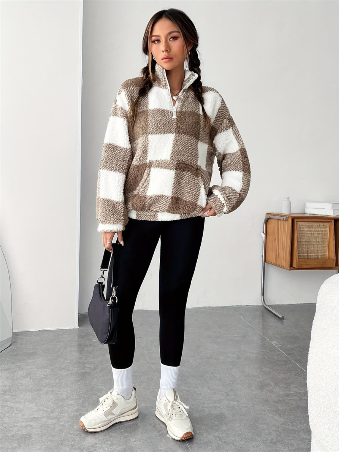 Brigitte® | Checked half zip long sleeve teddy sweatshirt