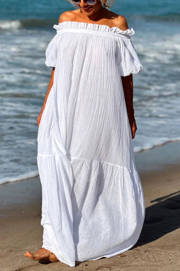 Dolores® | Off-the-shoulder A-line maxi dress with linen blend ruffles and puff sleeves
