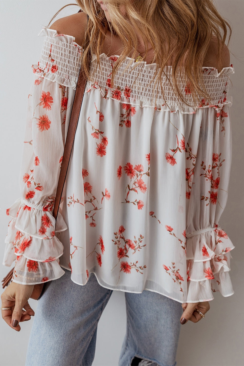 Barbara® | Smocked, off-the-shoulder blouse with flounced sleeves and a floral pattern