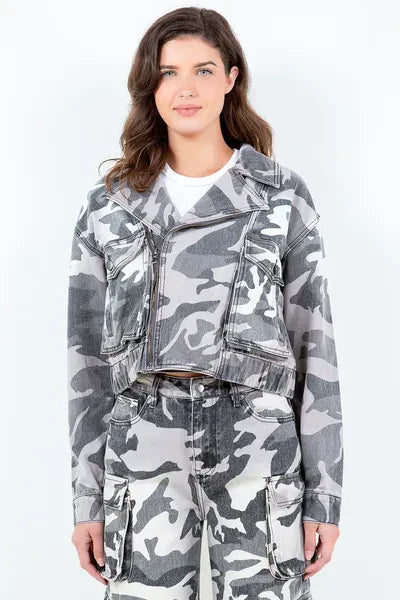 Beatrix® | Cropped camouflage zip-up rider jacket, full size, plus size