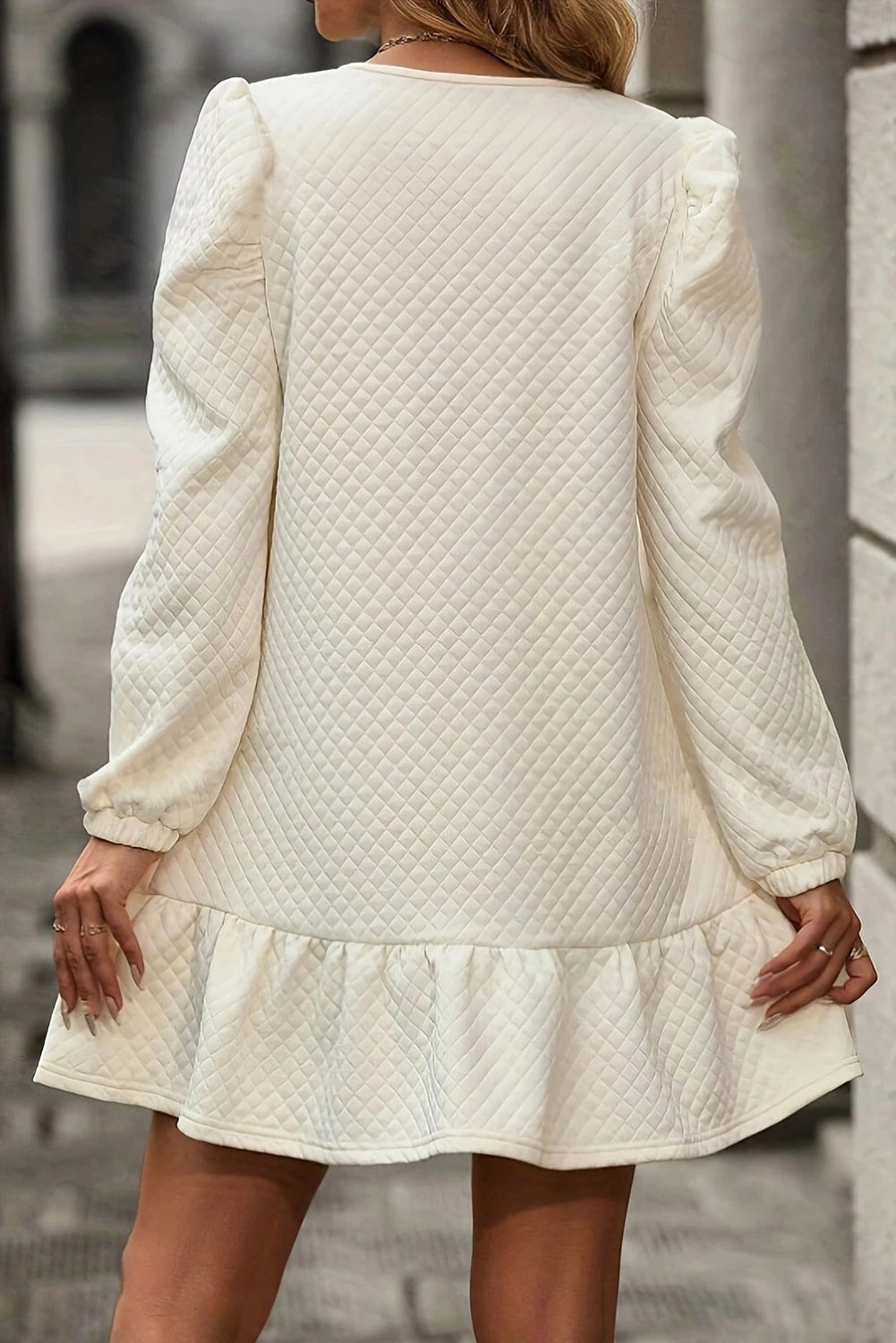 Ariana® | White structured mini dress with ruffle hem and grid pattern