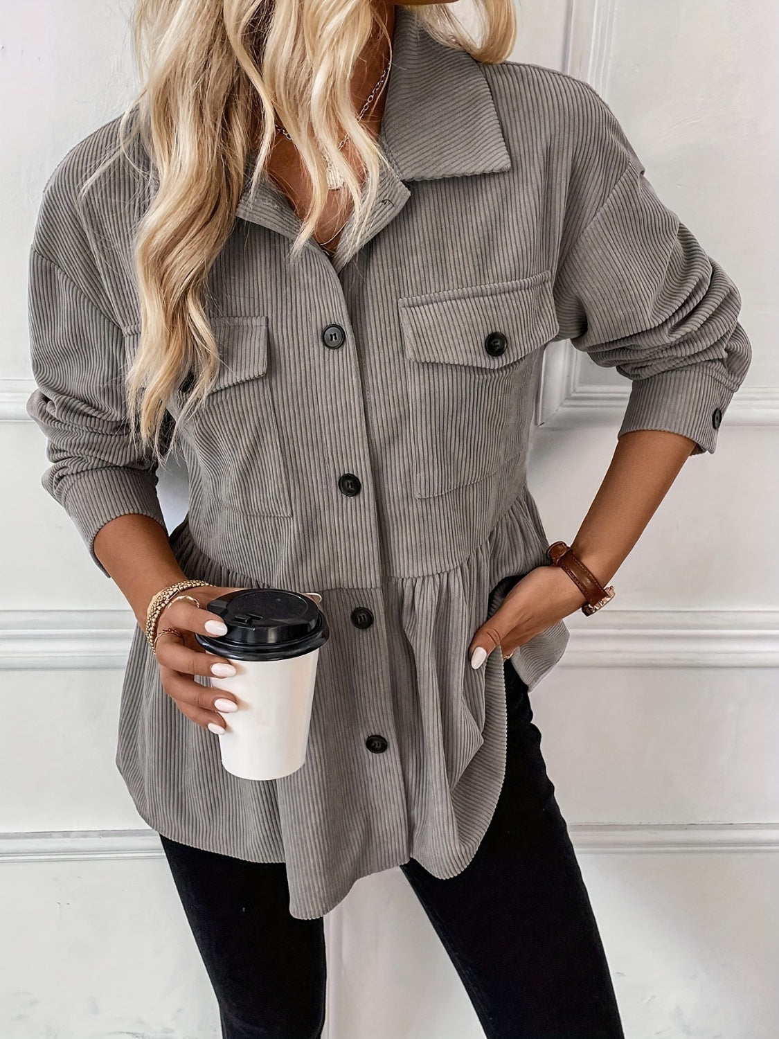 Angela® | Corduroy peplum jacket with buttons