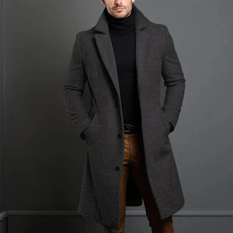Men’s Wool Coat – Tailored Fit – Full Length – Notched Lapel – Formal Outerwear