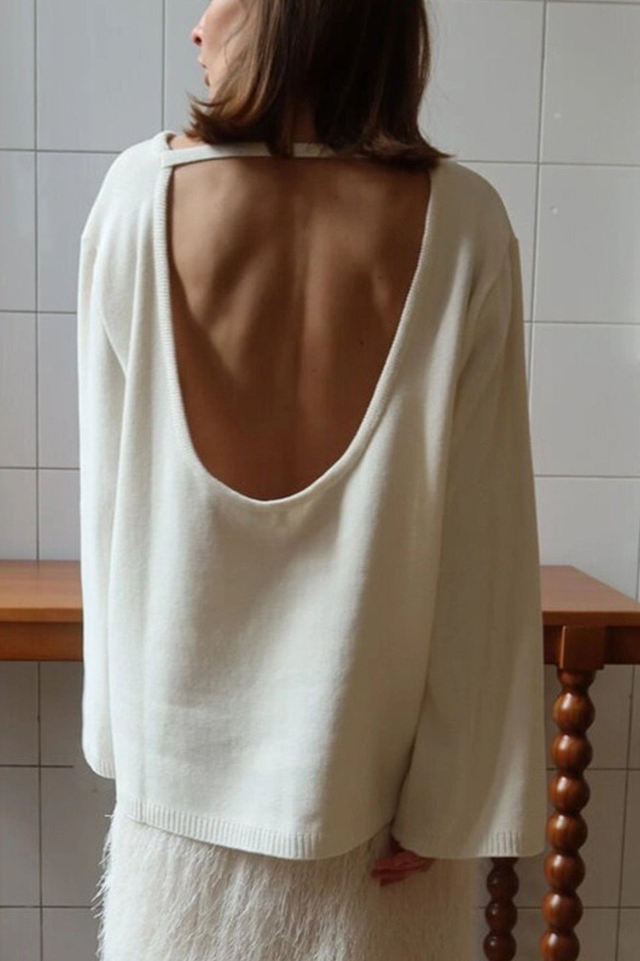 Elena® | Crew Neck Backless Cotton Sweater