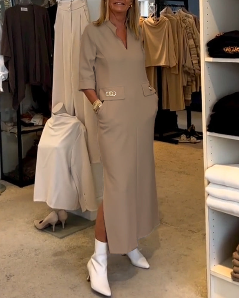 Adela® | Solid color slit dress with 3/4 sleeves