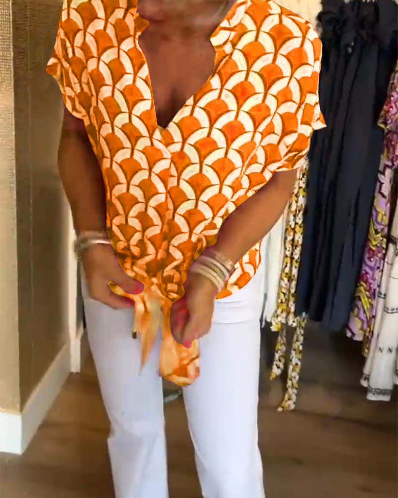 Breayle® | Printed Short Sleeve Blouse With V-Neck