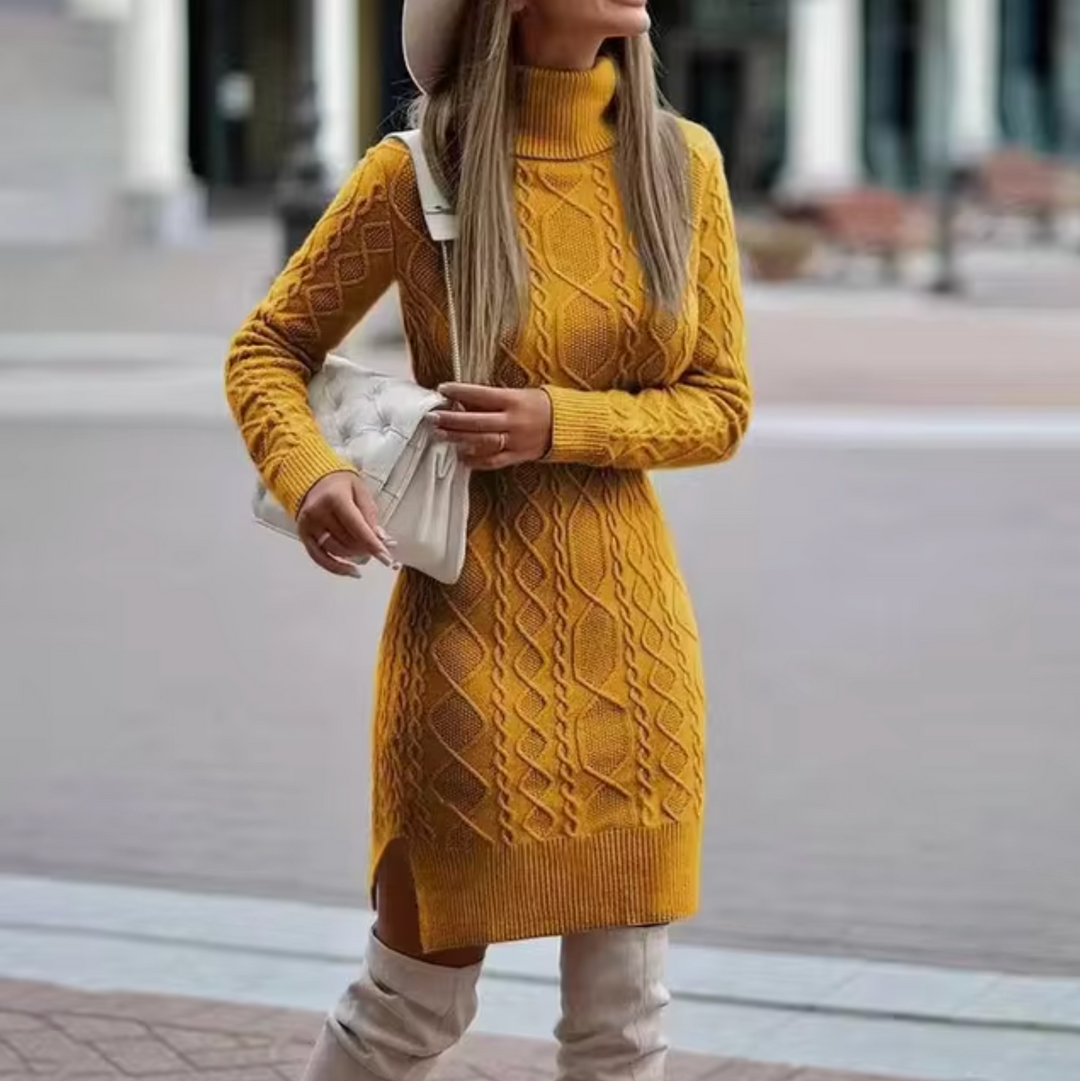 Women’s Knitted Dress – Slim Fit – Turtleneck – Cable Knit – Midi Length – Long Sleeve