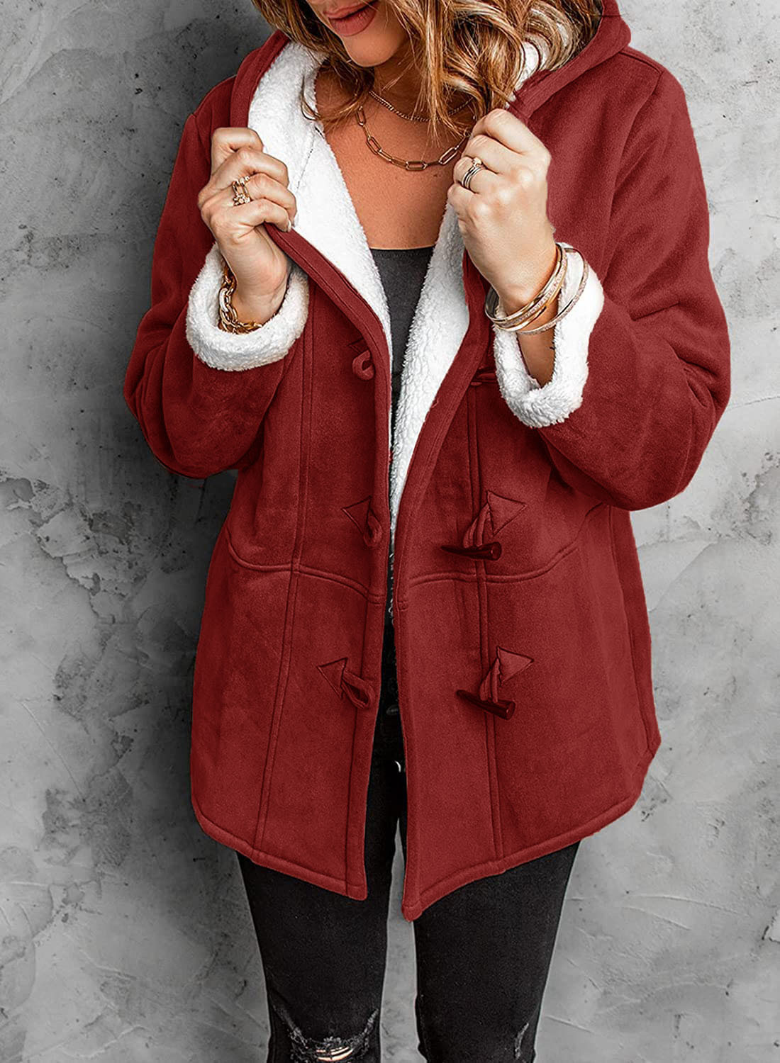Women’s Toggle Coat – Relaxed Fit – Faux Shearling Lined – Hooded Soft Touch Exterior
