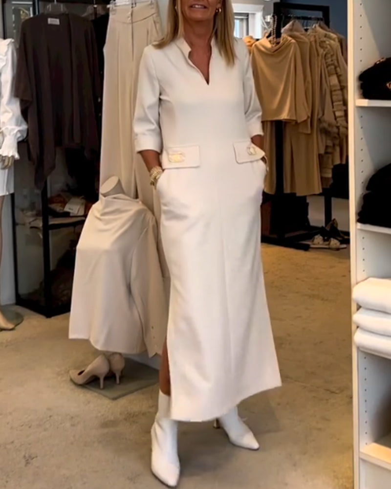 Adela® | Solid color slit dress with 3/4 sleeves
