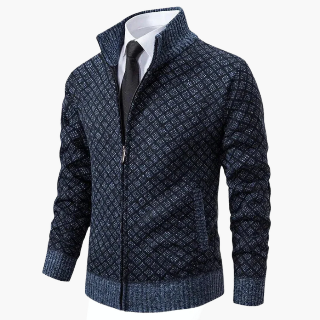 Men’s Knit Jacket – Slim Fit – Diamond Pattern – Zip Front – Ribbed Cuffs – Stand Collar