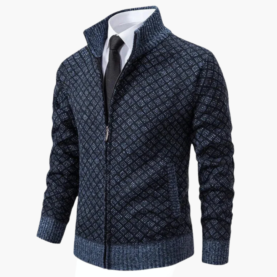 Men’s Knit Jacket – Slim Fit – Diamond Pattern – Zip Front – Ribbed Cuffs – Stand Collar