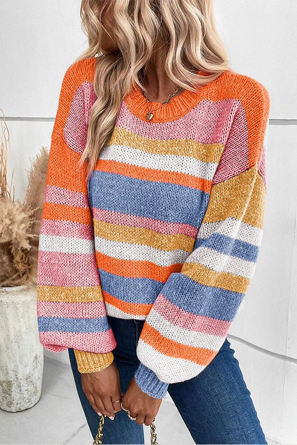 Beatriz® | Multicolour Striped Knit Drop Shoulder Lantern Sleeve Sweater