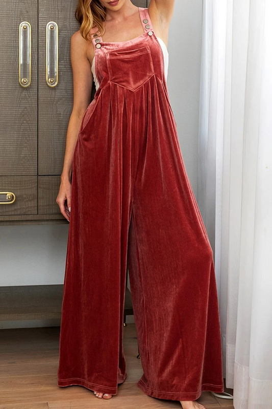 Daisy® | Ruby red plain pleated velvet wide leg jumpsuit
