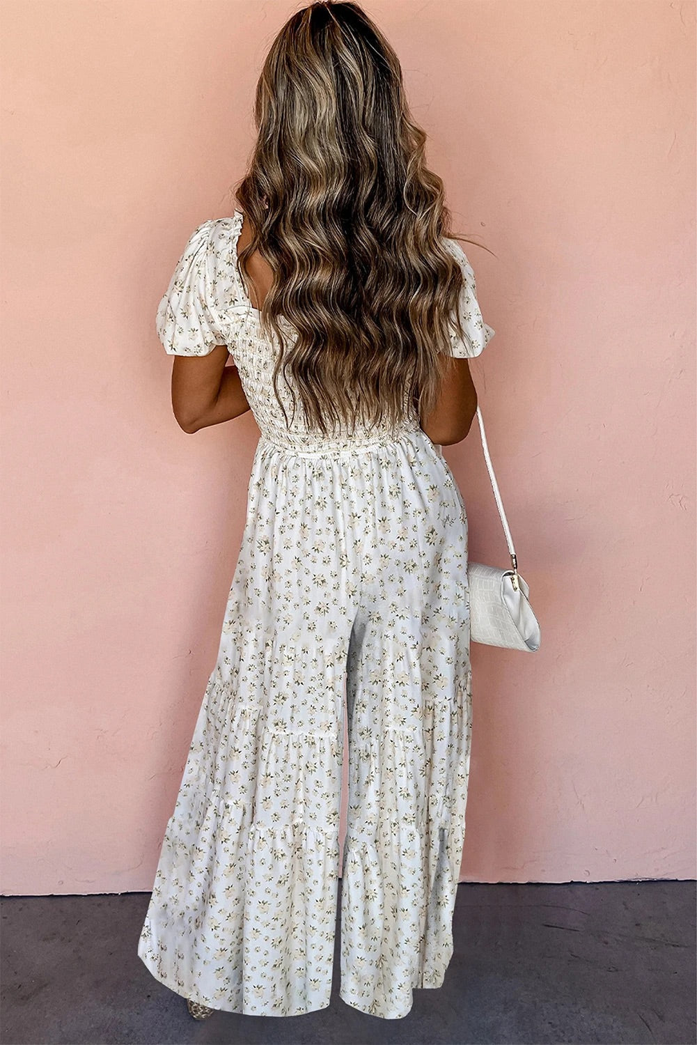 Allison® | White smocked floral jumpsuit with puff sleeves and high waist