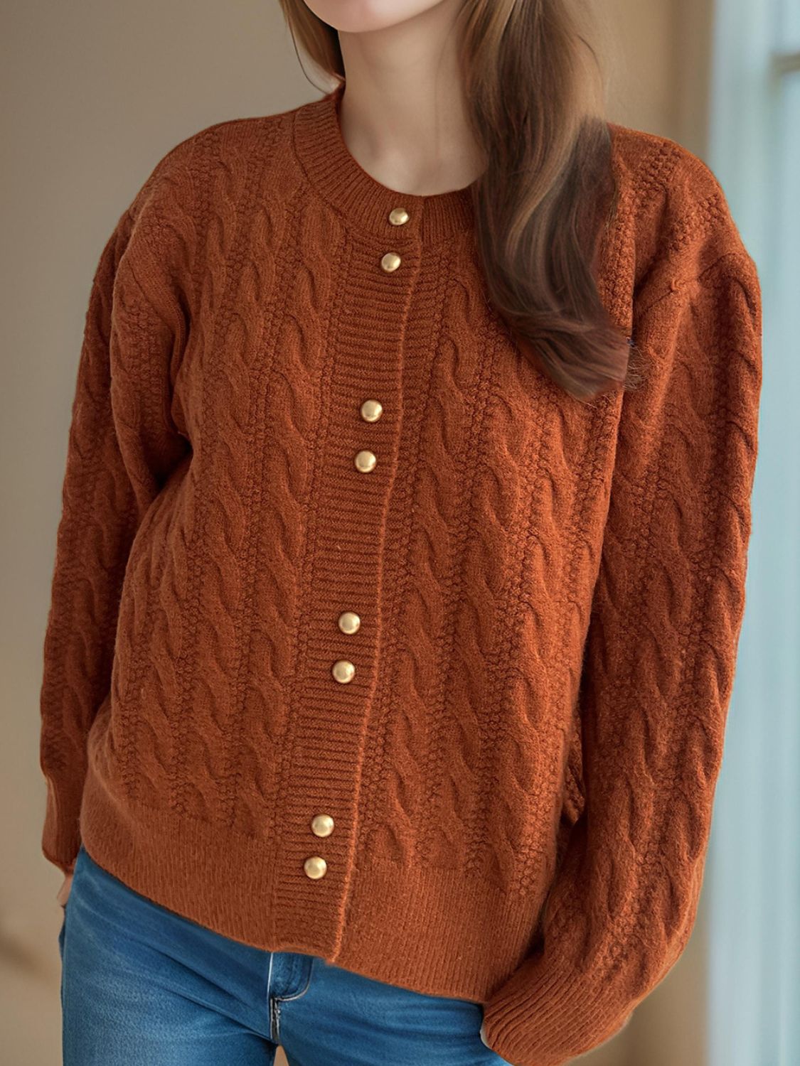 Cristina® | Cable knit cardigan with a crew neck and long sleeves