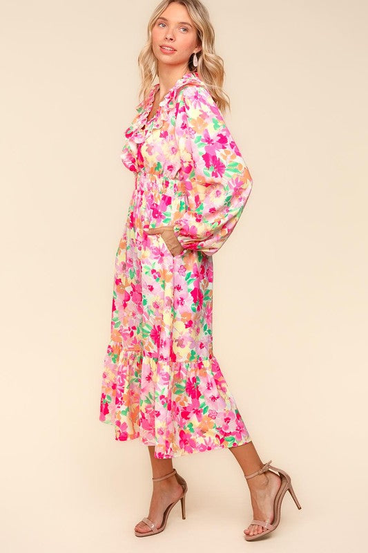 Carmen® | Haptics full size floral dress with surplice balloon sleeves and side pockets