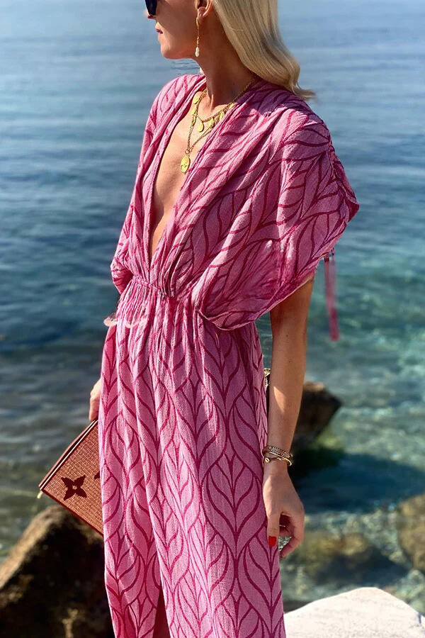 Adriana® | Printed kimono beach maxi dress with drawstring design