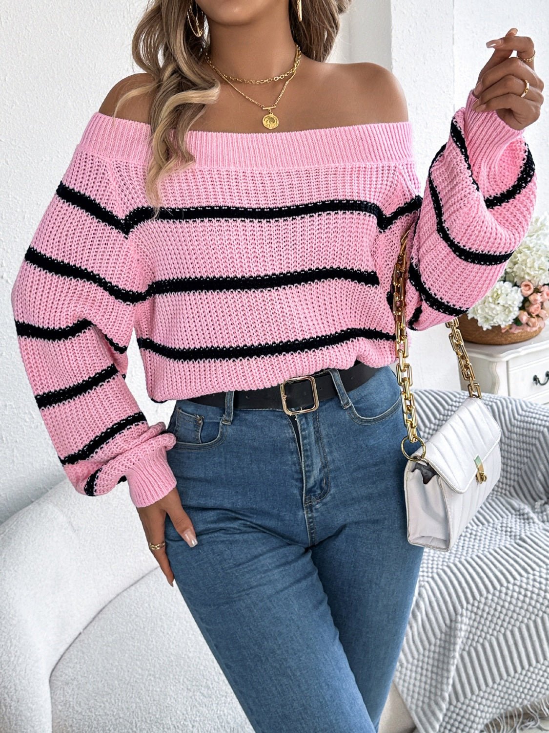 Dorotea® | Striped off-the-shoulder long-sleeve sweater