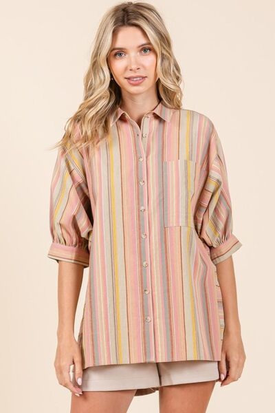 Brianna® | Striped button-down shirt with bubble sleeves