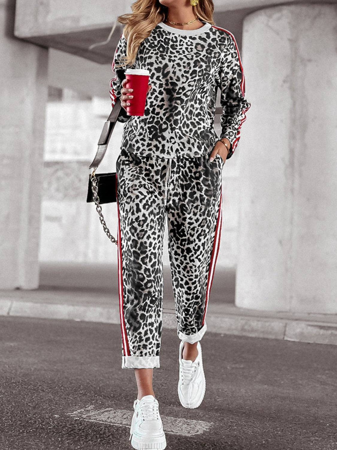 Araceli® | Leopard print round neck long sleeve top and trousers set