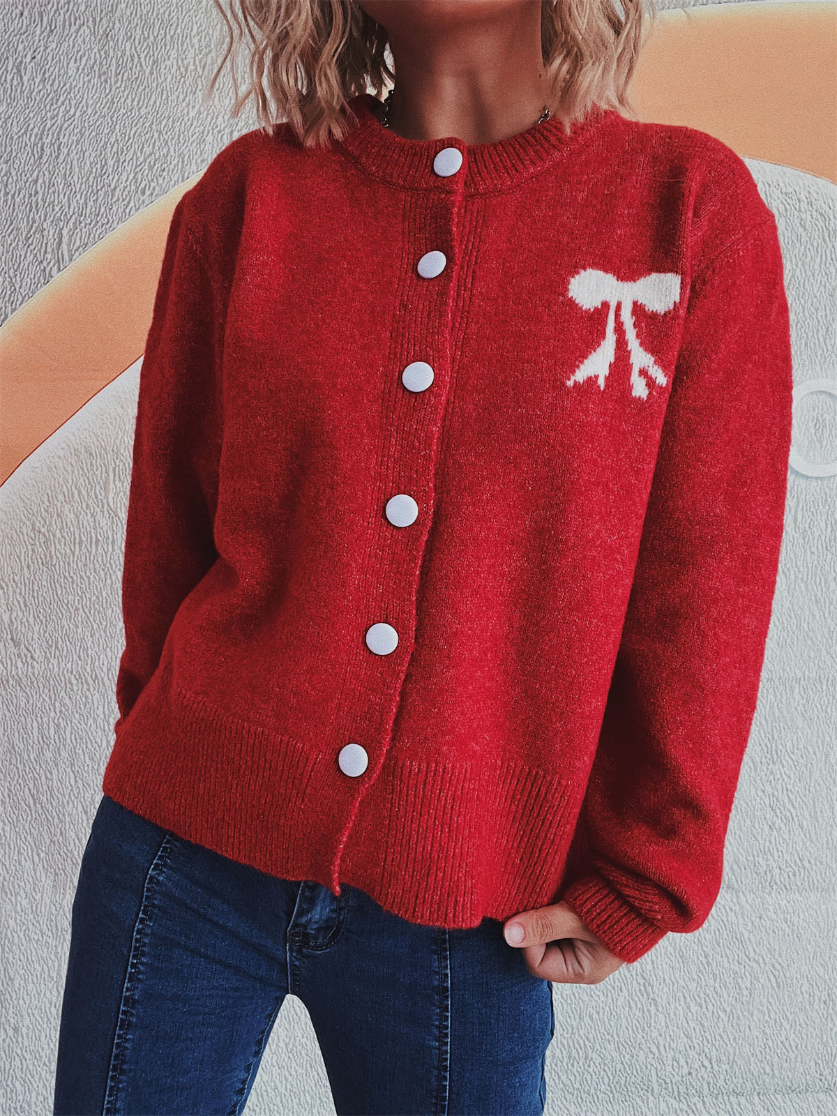 Beate® | Long-sleeved cardigan with bow and round neckline and buttons