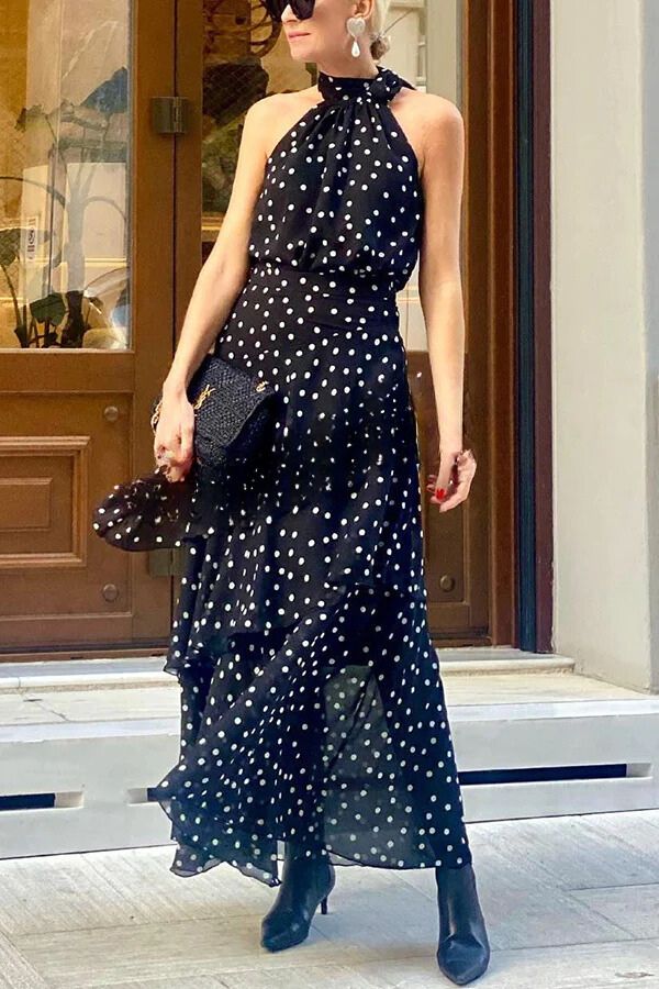 Elisa® | Tiered maxi dress with a polka dot halterneck and a bow at the neckline