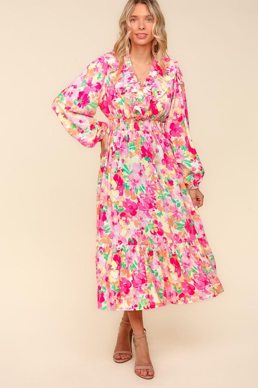 Carmen® | Haptics full size floral dress with surplice balloon sleeves and side pockets
